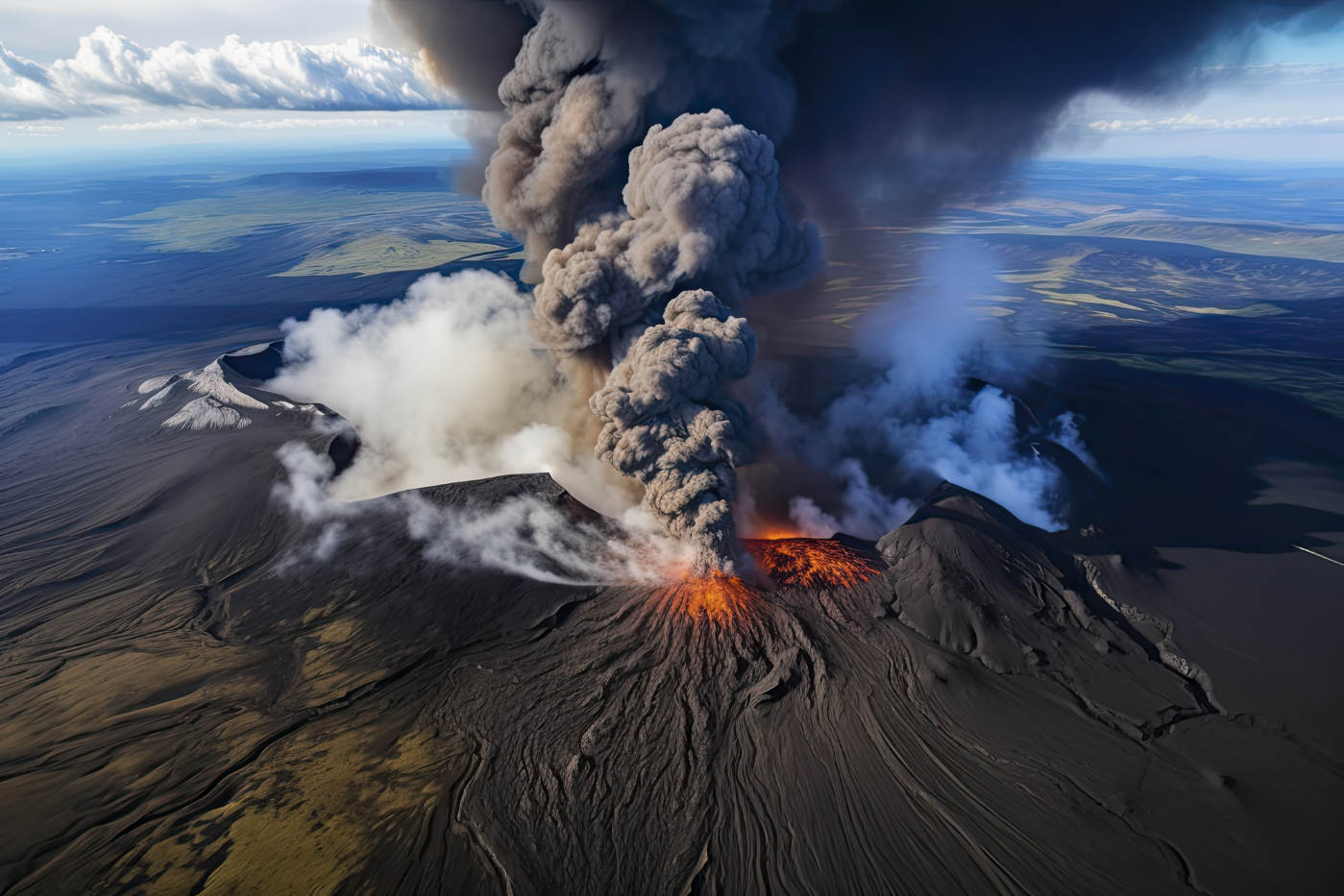 Aerial view of a volcanic eruption with lava and ash clouds rising over a rugged landscape