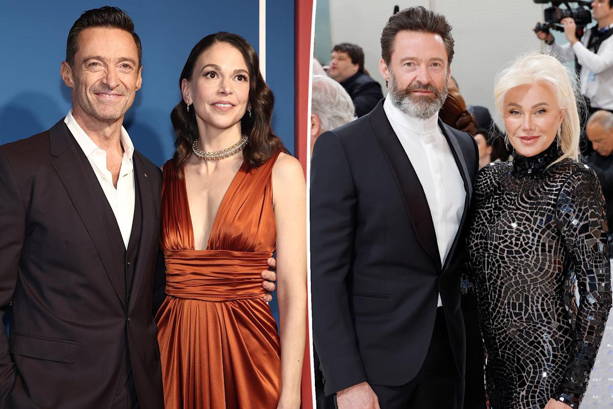 Split image of Hugh Jackman with Sutton Foster (left) and with ex-wife Deborra-Lee Furness (right) at red carpet events