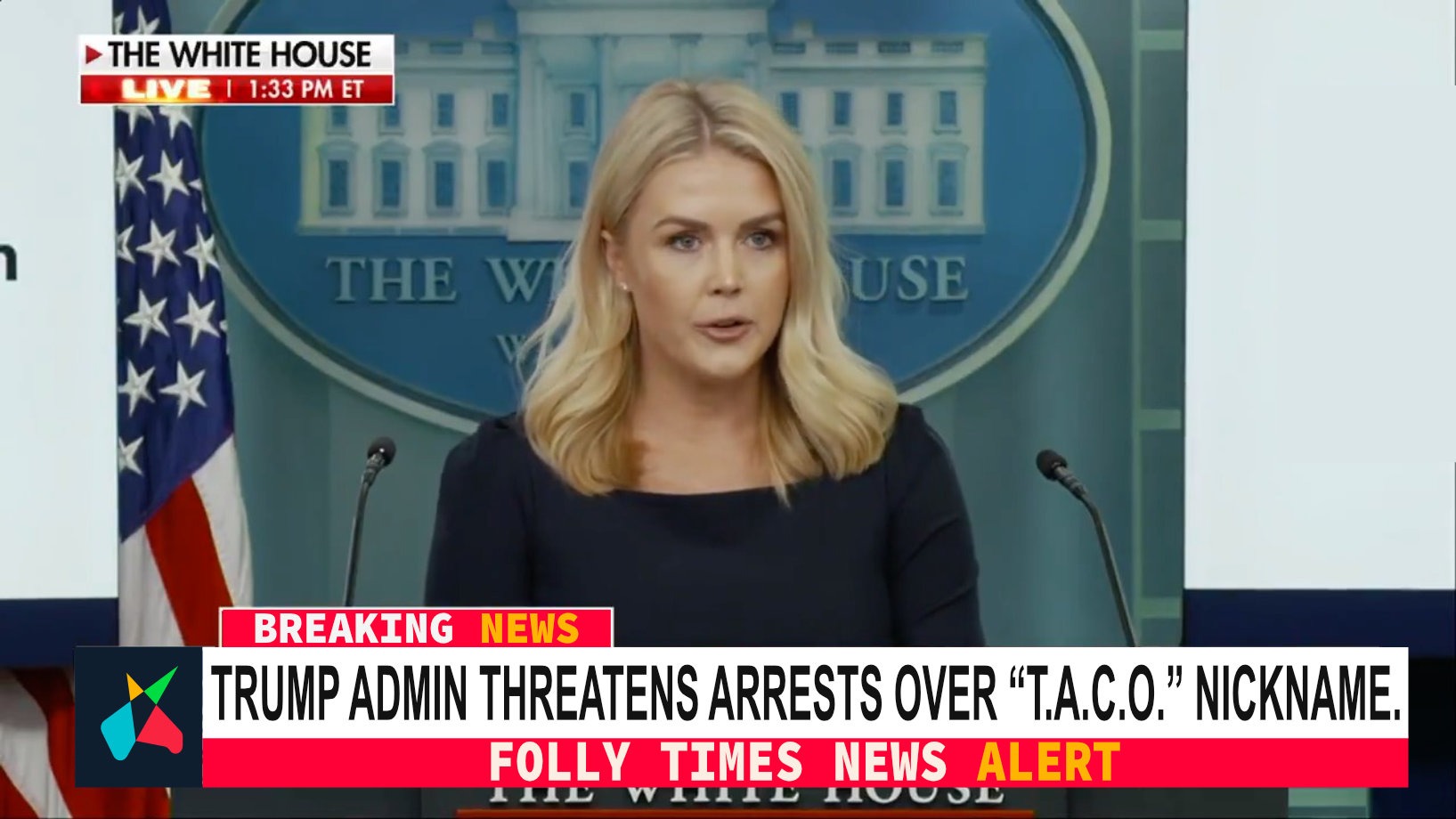 White House Press Secretary Karoline Leavitt speaks at a podium as a breaking news banner declares the Trump administration is threatening arrests over the “T.A.C.O.” nickname