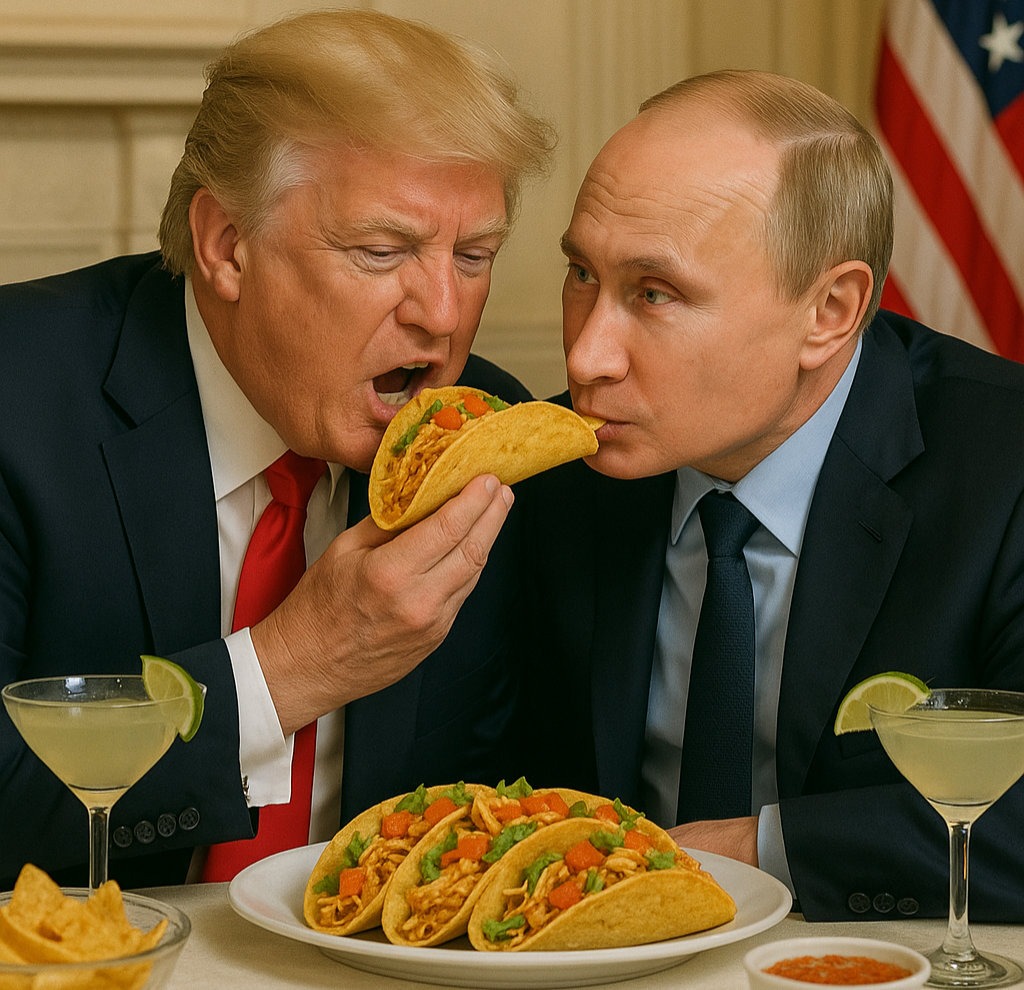 Donald Trump and Vladimir Putin share a taco at a White House table, surrounded by margaritas and American flags