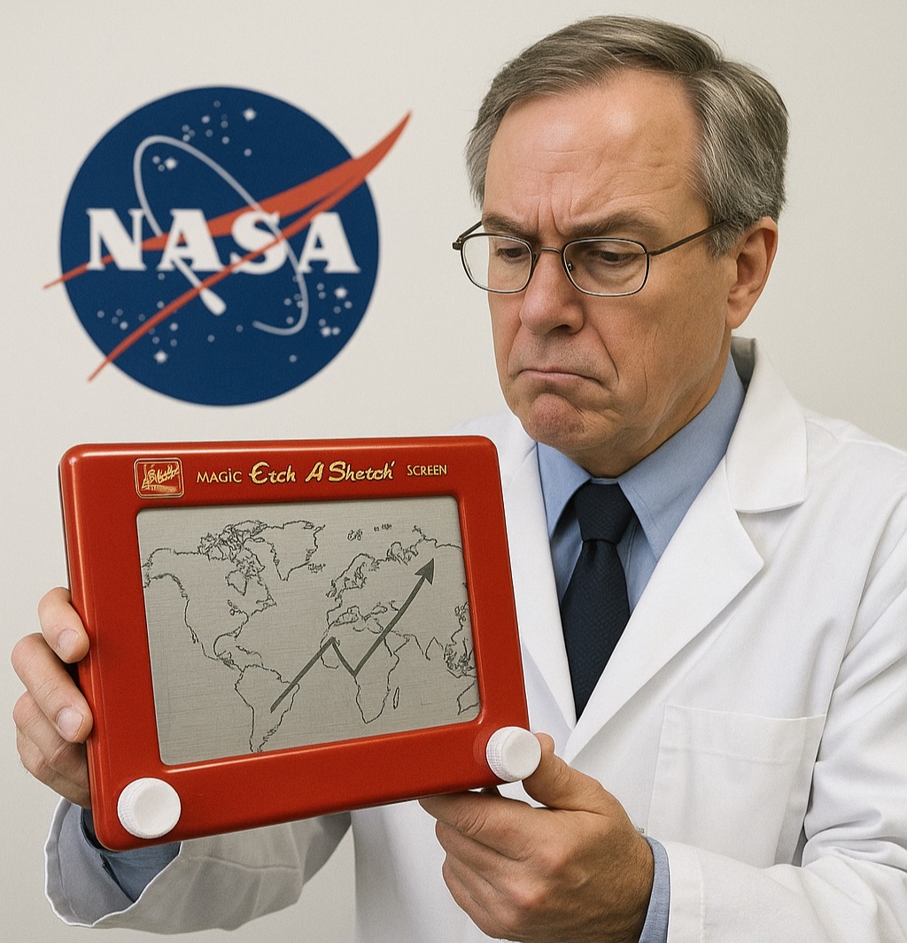 Frustrated NASA scientist in lab coat studies climate data drawn on an Etch A Sketch in front of NASA logo.