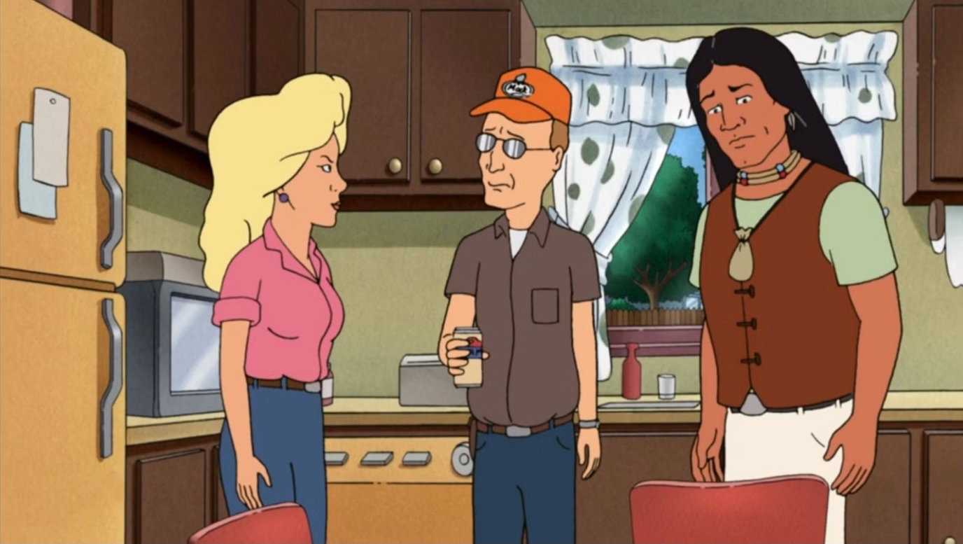 Animated scene from King of the Hill showing Dale Gribble confronting Nancy and John Redcorn in a kitchen