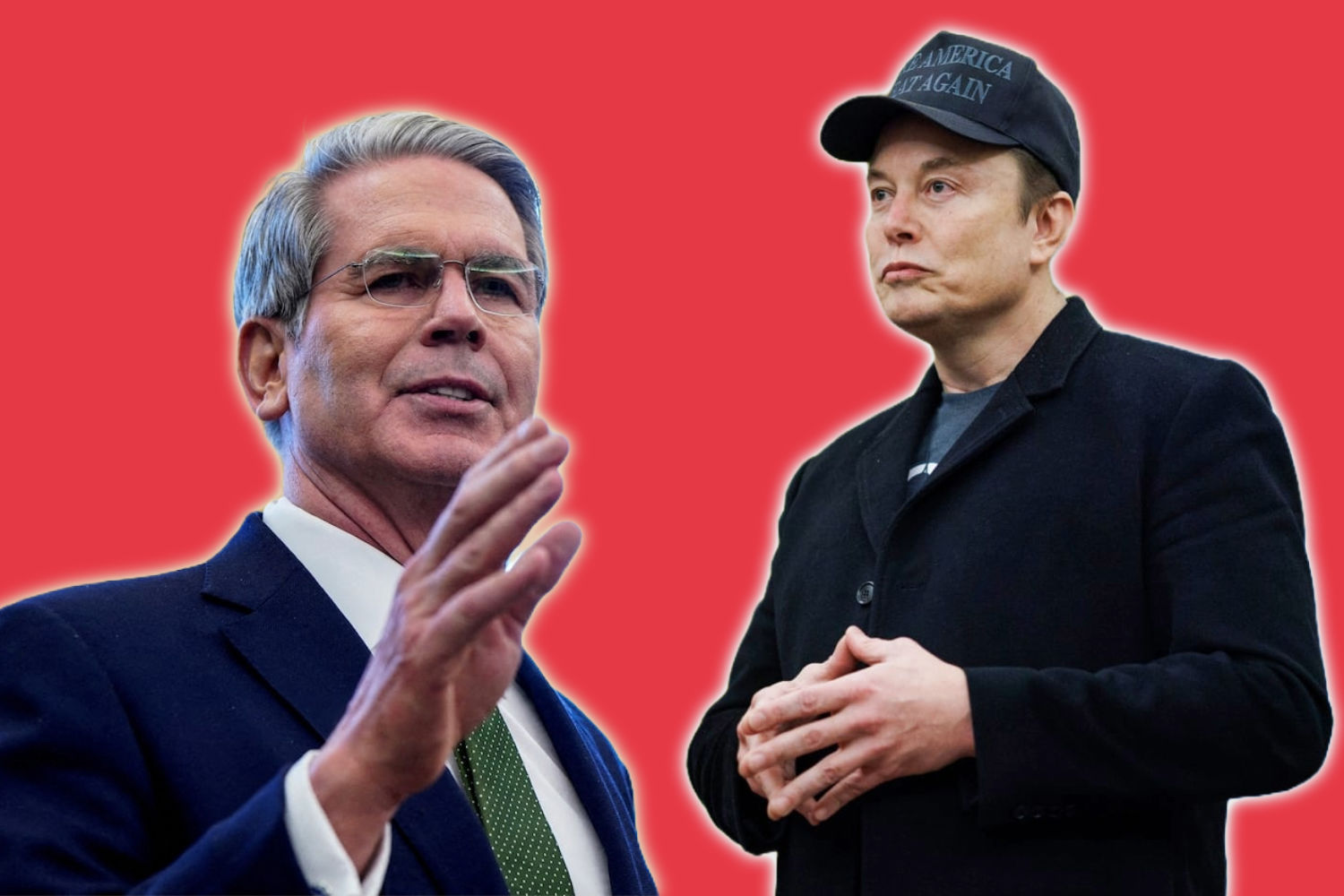 Elon Musk and White House adviser Bessent appear face to face against a red backdrop after chaotic confrontation