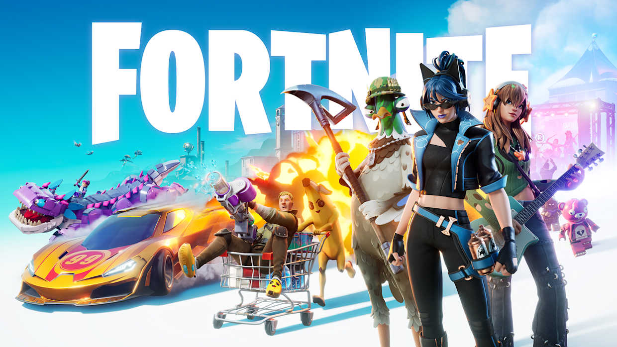 Fortnite characters in a chaotic scene with cars, dragons, and emotes