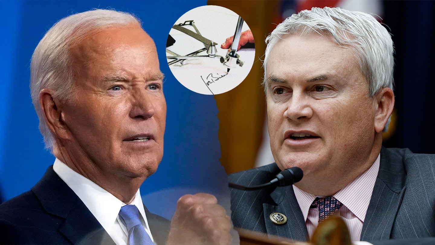 Split image of President Joe Biden and Congressman James Comer arguing over an executive order, with a close-up of an autopen machine signing a document in the center.