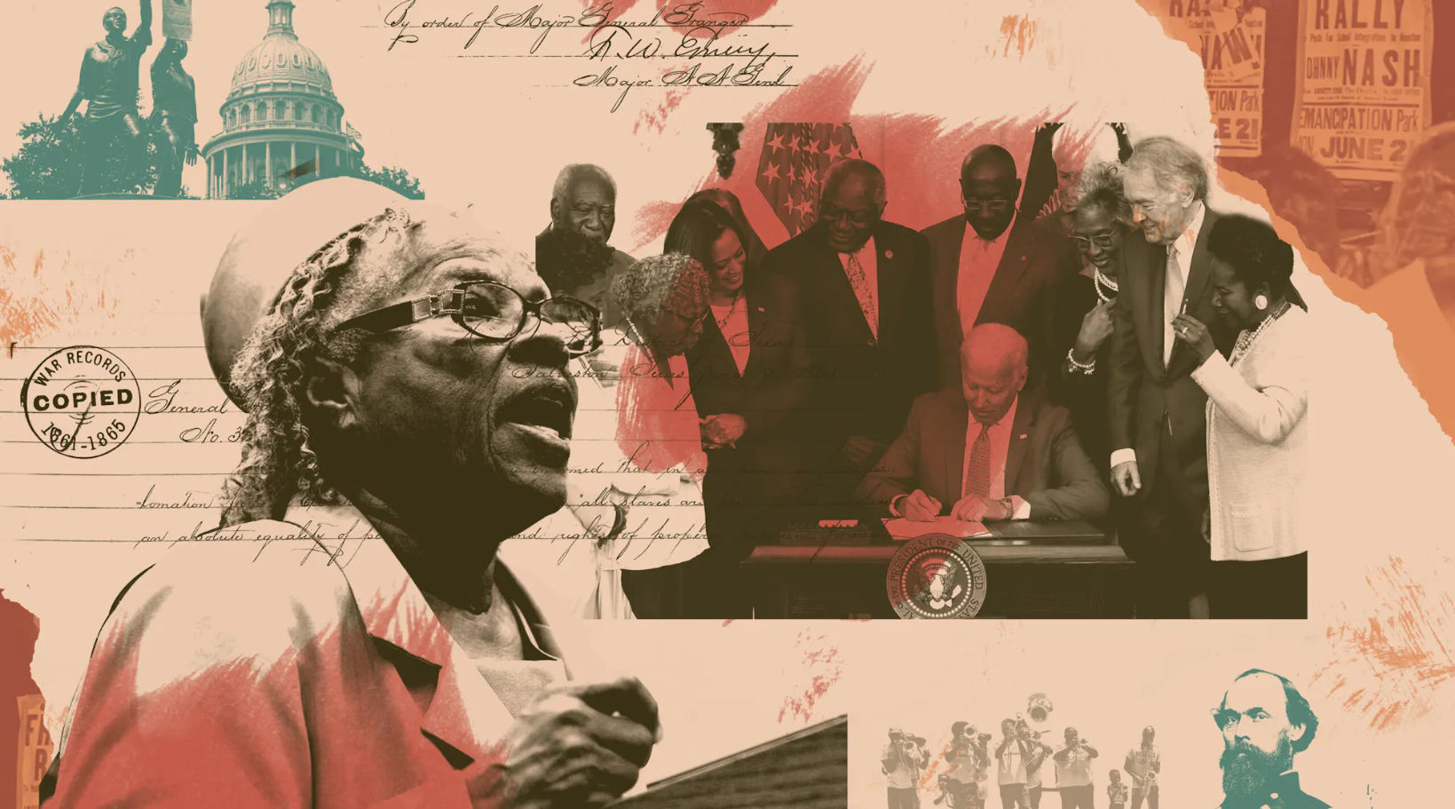 MAGA rally attendees holding signs about Juneteenth and July 4