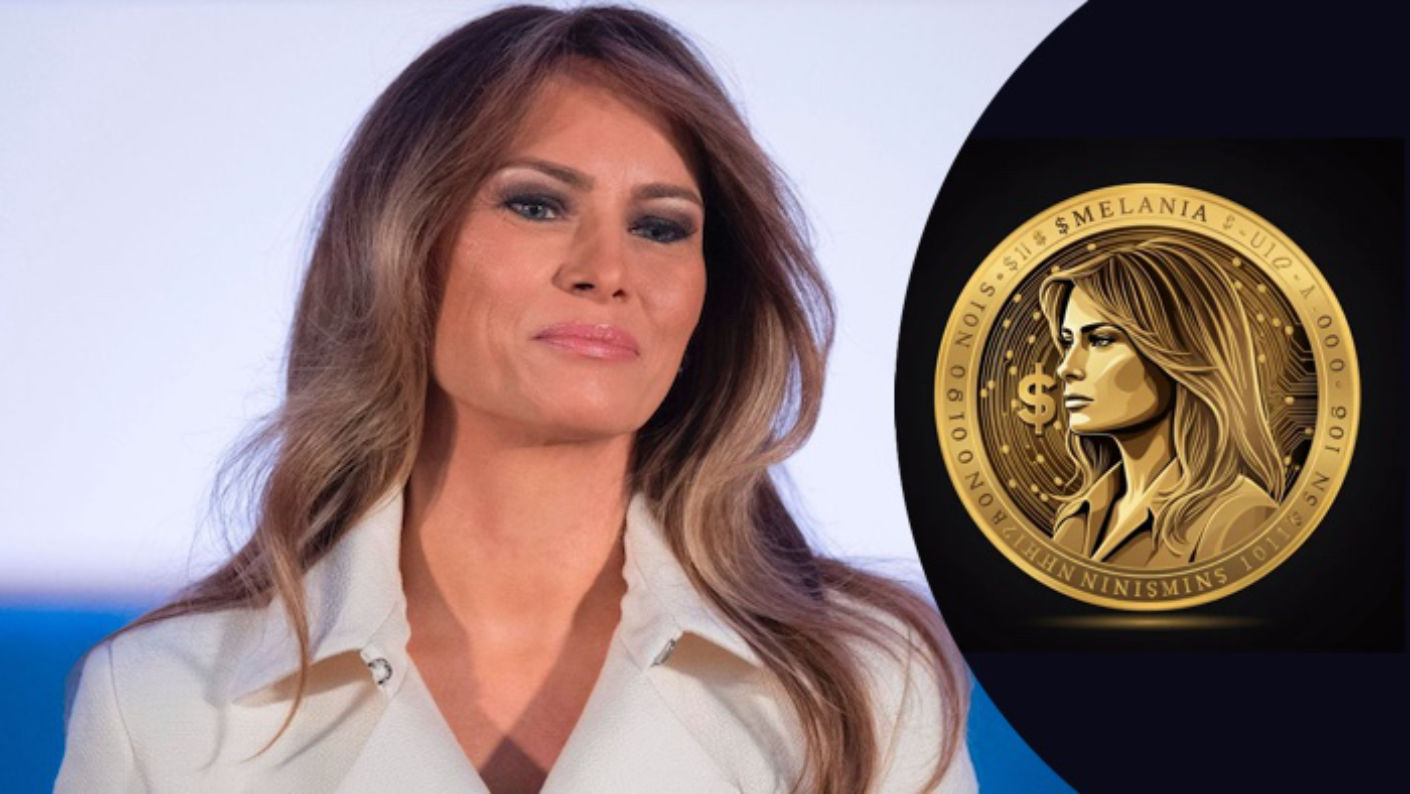Melania Trump poses beside golden digital coin during crypto launch