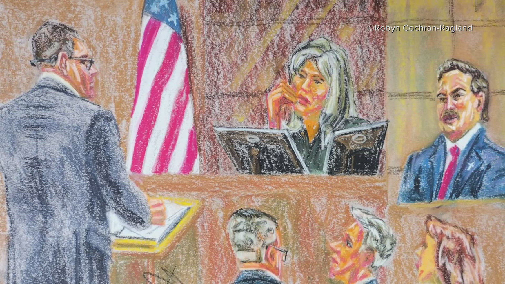 Courtroom sketch of Mike Lindell defamation trial, showing judge, attorneys, and Lindell at witness stand