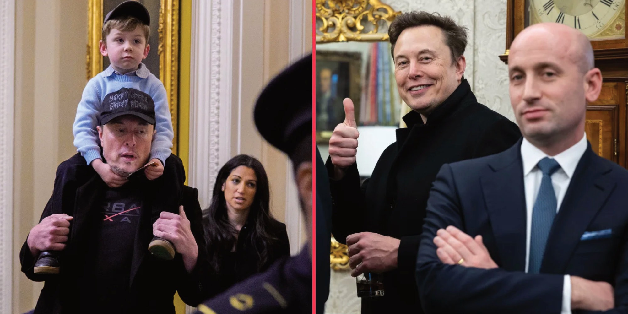Split image of Elon Musk with child and Stephen Miller at formal event during high-profile political feud