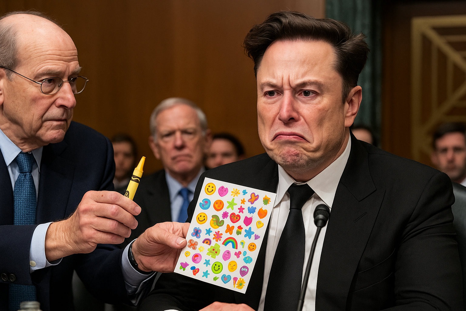 Elon Musk pouting at a Senate hearing while holding colorful stickers and being handed a crayon by a serious-looking senator.