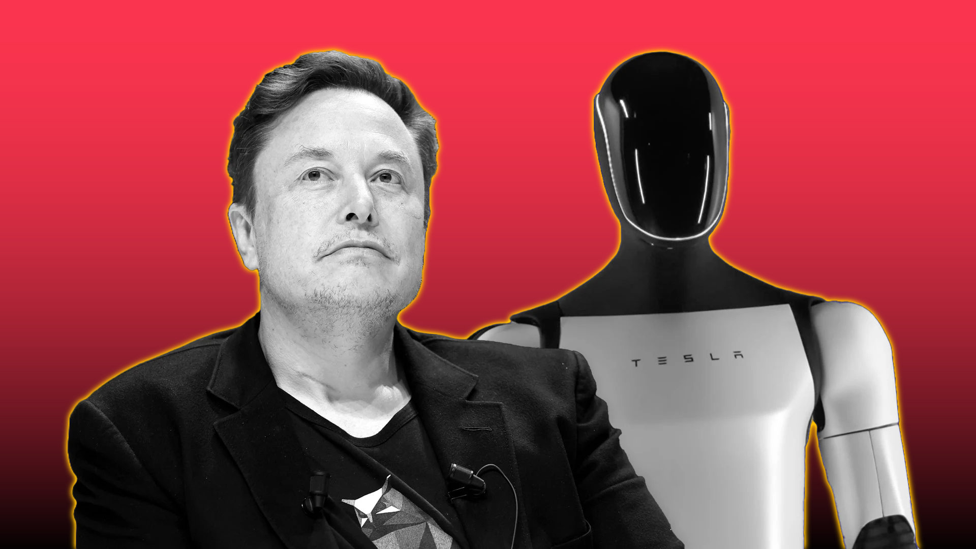 Elon Musk sitting beside Tesla’s humanoid Optimus robot against a red background.