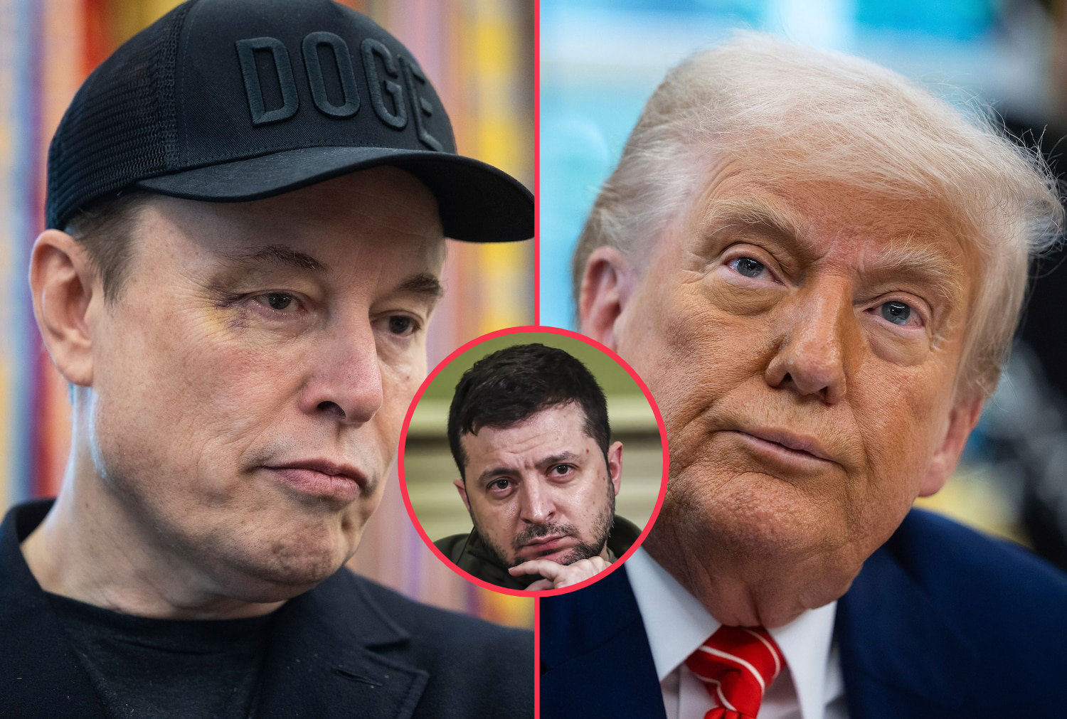 Side-by-side image of Elon Musk and Donald Trump amid reports of Zelenskyy offering to mediate their feud.