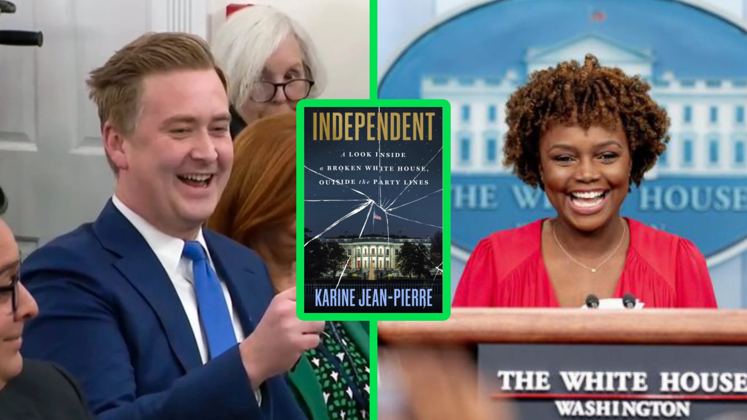 Fox News correspondent Peter Doocy laughs as Karine Jean-Pierre smiles at the White House podium, with her new memoir “Independent” displayed between them.