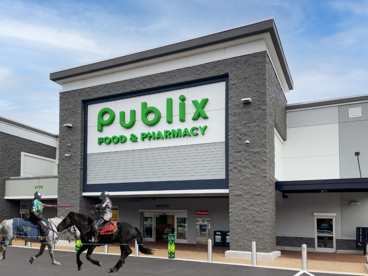 Knights in costume with outside Publix Jousting