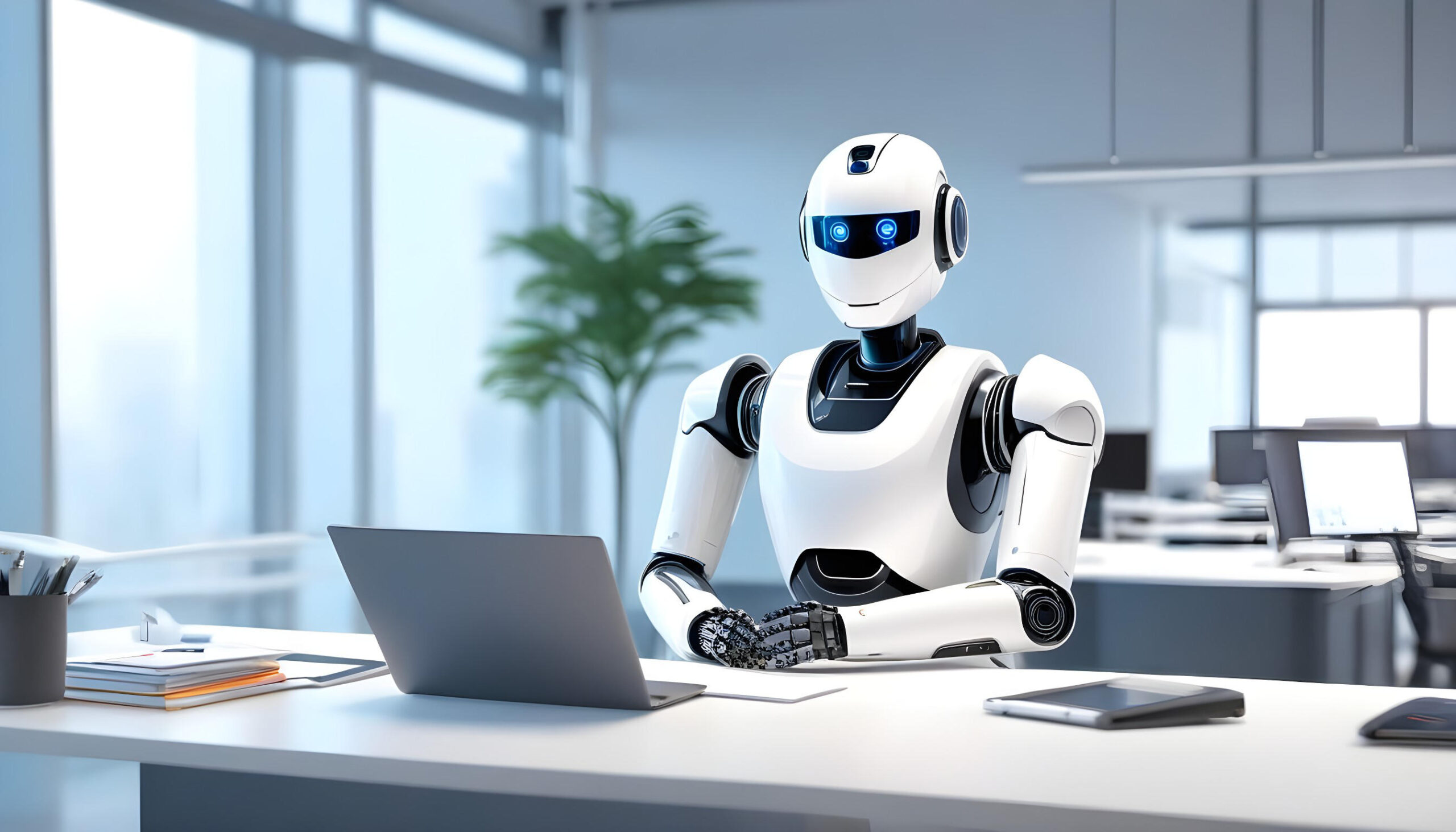 Humanoid robot working at a desk with a laptop in a modern office.