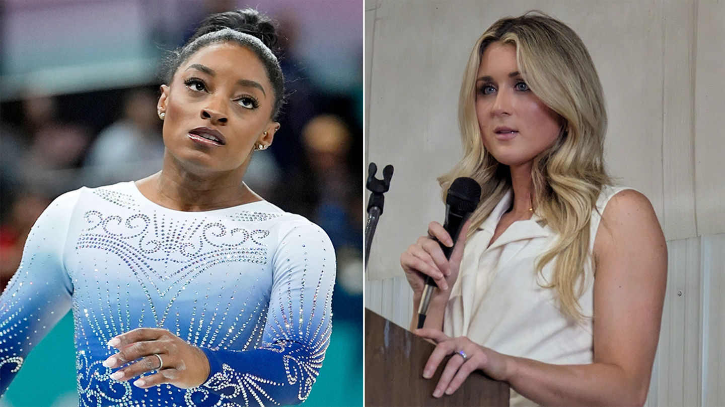 Simone Biles and Riley Gaines pictured separately as they lead rival social media debates over a high school softball game