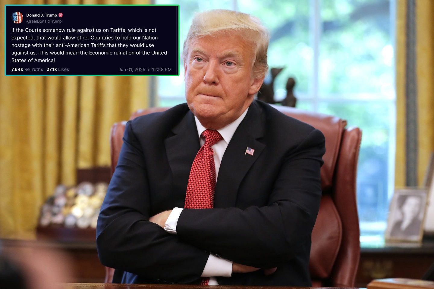 Donald Trump sits with arms crossed in the Oval Office