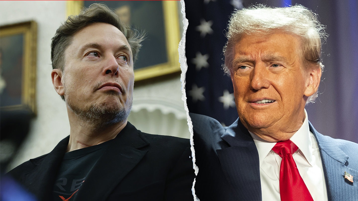 Split image of Elon Musk and Donald Trump facing off amid political and personal feud.