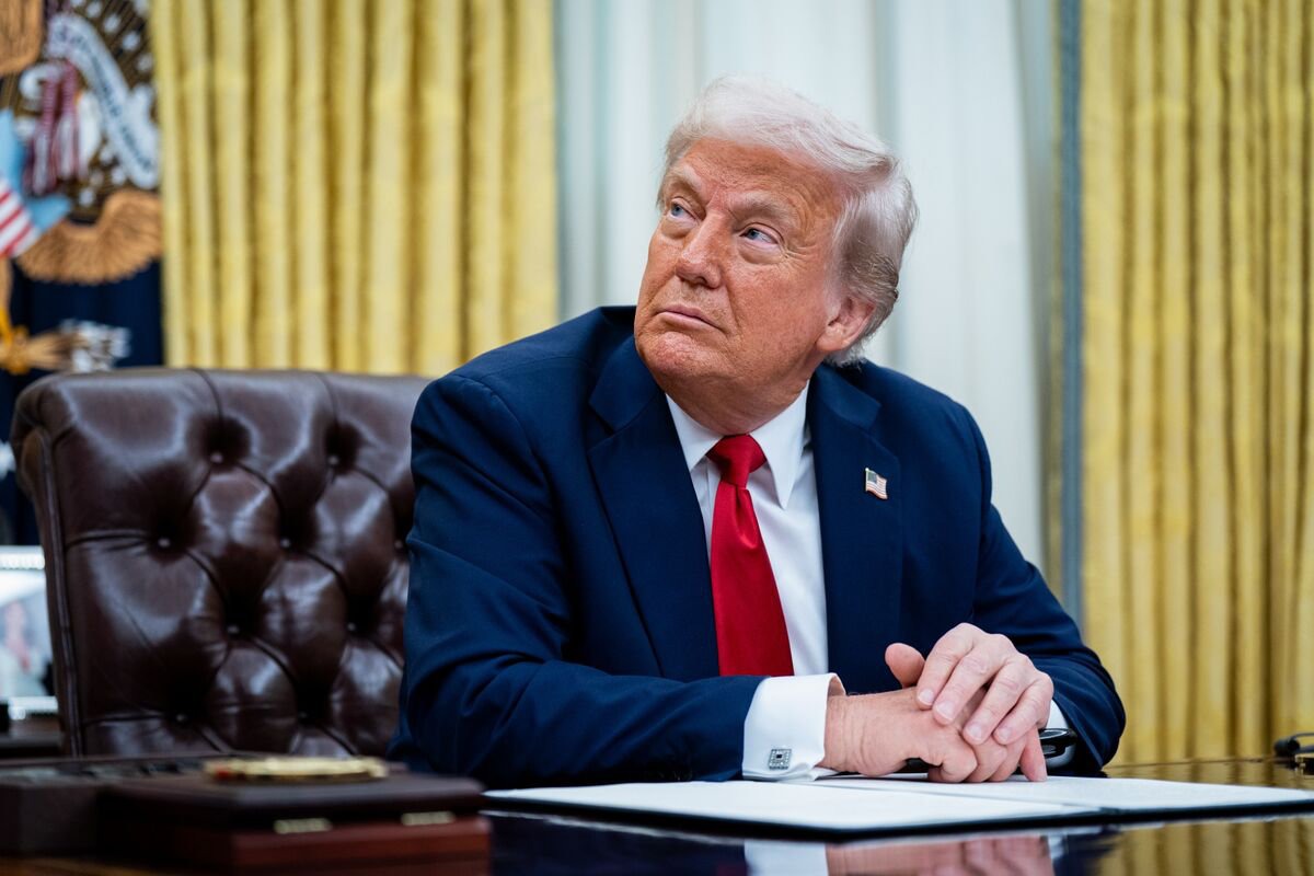 Donald Trump seated in Oval Office launching TruthTrade stock app