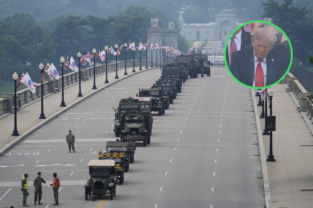 Military vehicles line an empty street for Trump’s birthday parade as Trump appears to nap during the event
