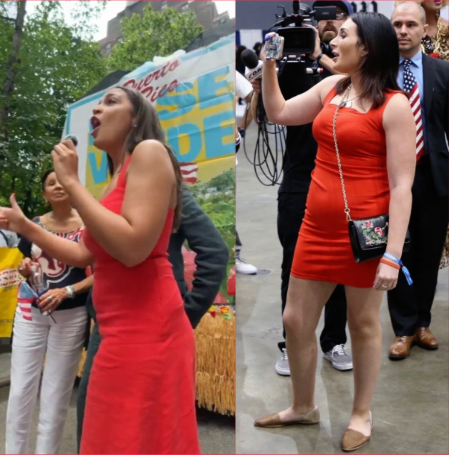Side-by-side photos of Alexandria Ocasio-Cortez and Laura Loomer both wearing red dresses during public appearances
