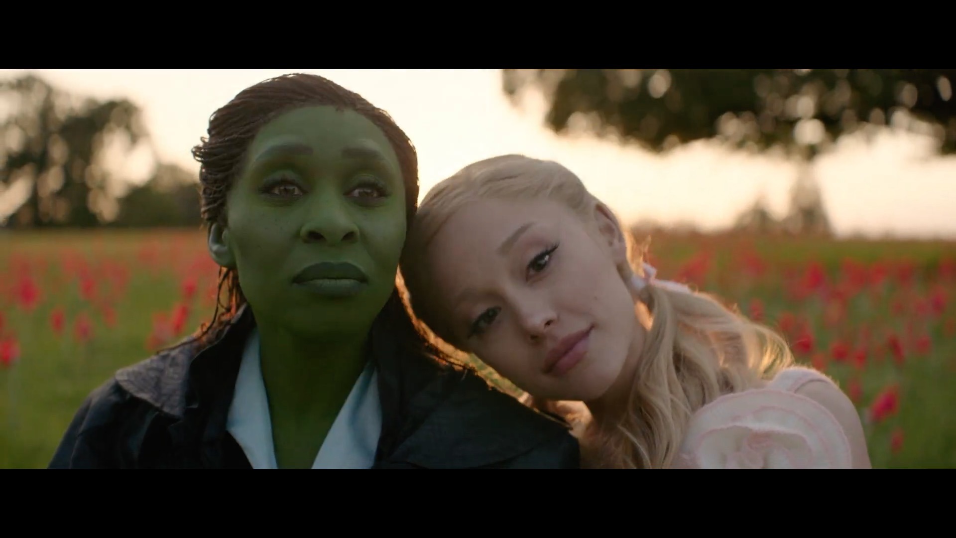 Glinda and Elphaba sit together in a field of red flowers at sunset in a scene from the film “Wicked: For Good,” sharing a quiet moment before unleashing powerful vocals.