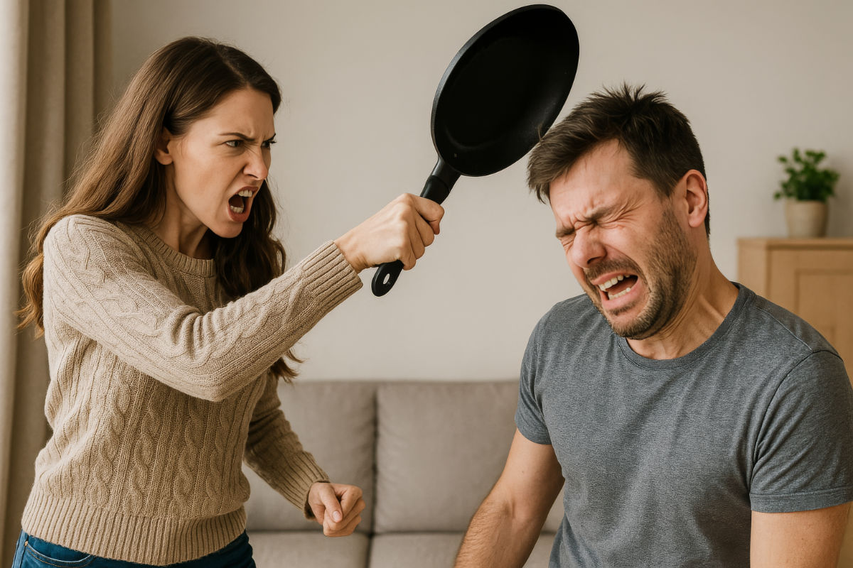 Angry woman holding frying pan while husband winces during pillow argument