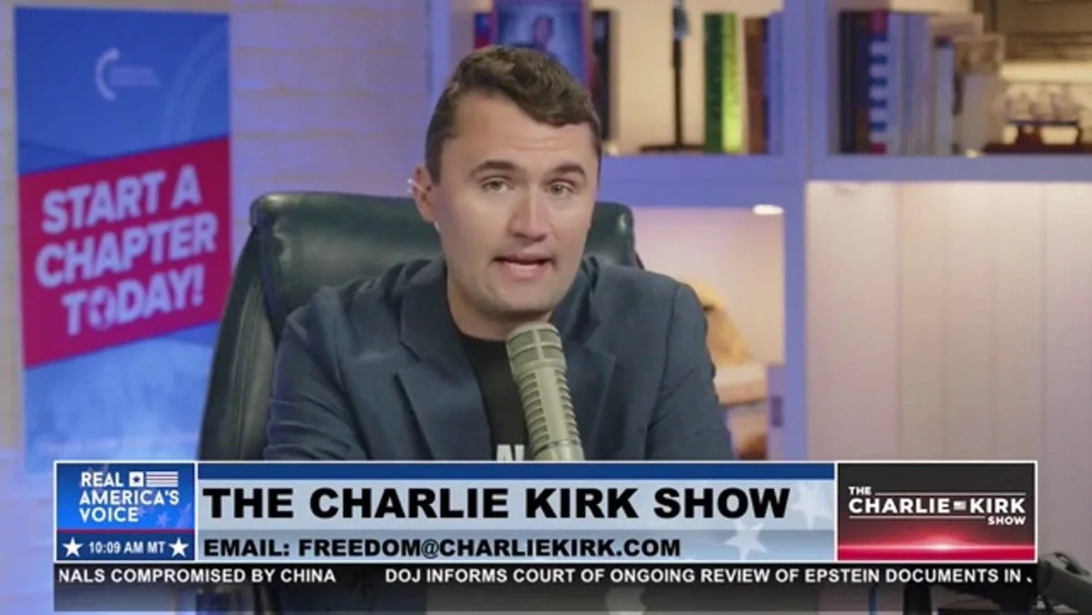 Charlie Kirk speaks on his podcast, addressing the Epstein controversy