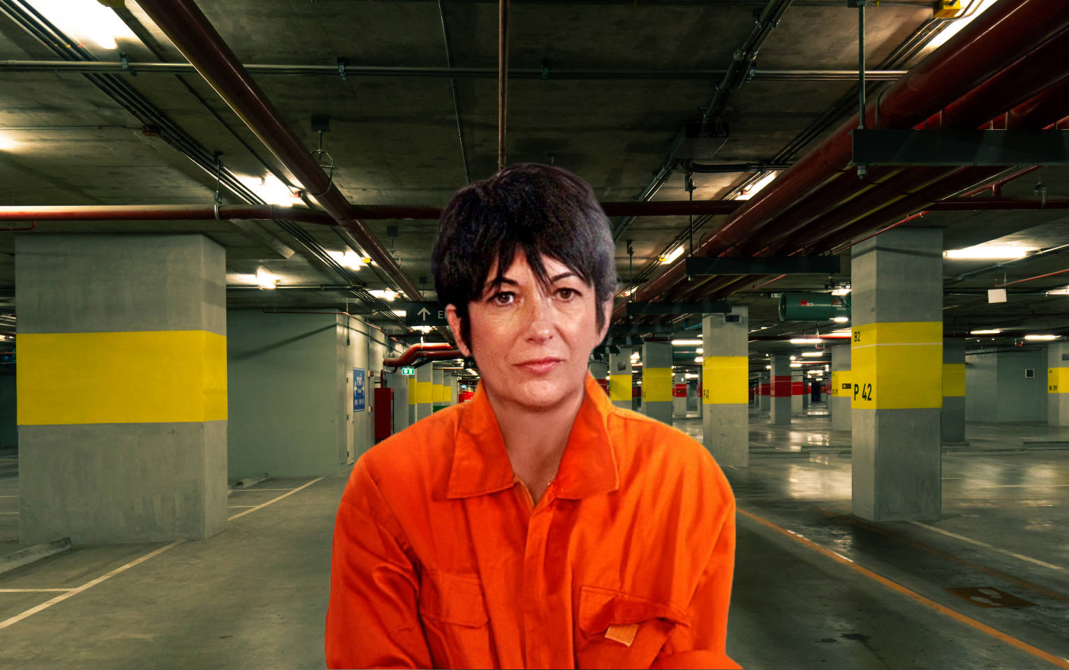Ghislaine Maxwell in prison jumpsuit standing in underground parking garage