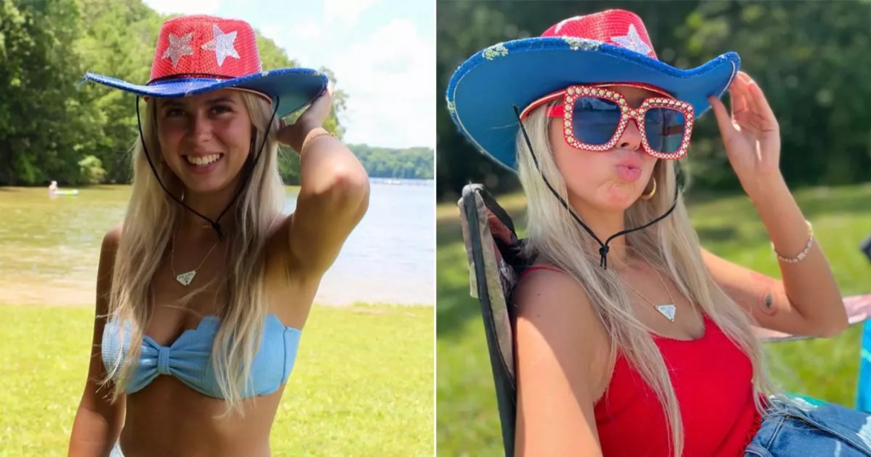 Haliey Welch speaking at a press event with sunglasses and cowboy hat