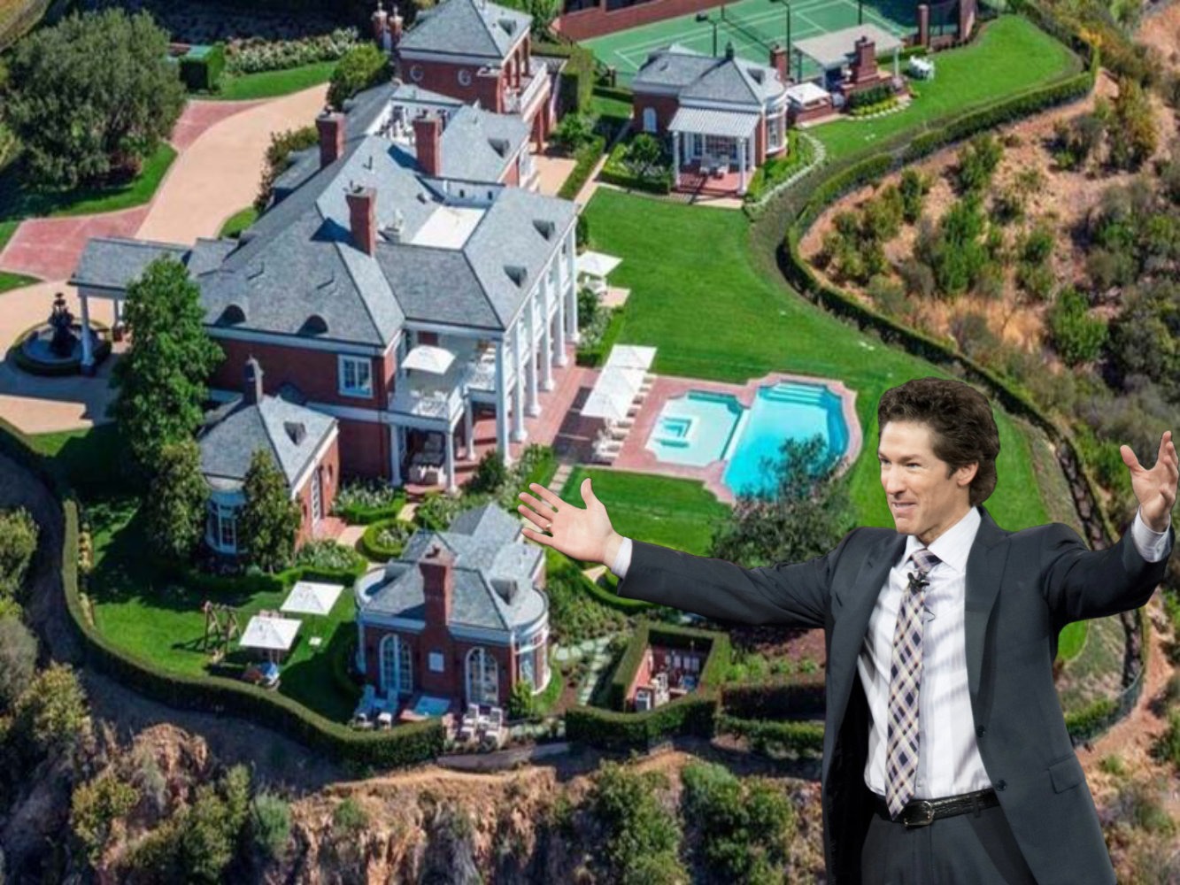 Joel Osteen smiling in front of his massive luxury mansion