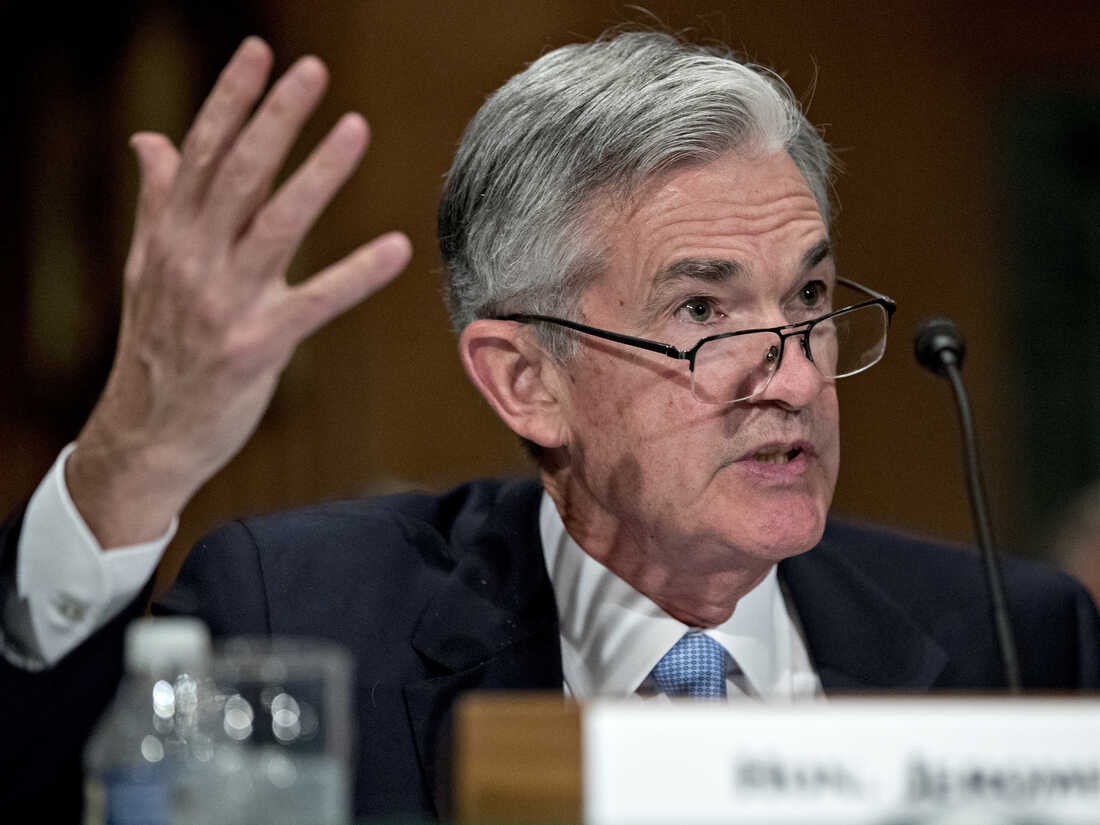 Jerome Powell gesturing during Senate testimony