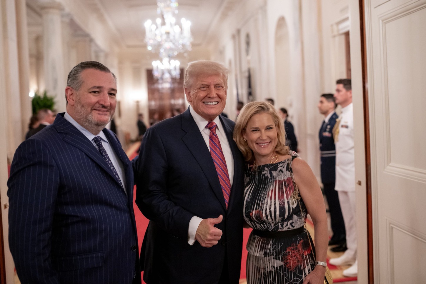 Ted Cruz, Donald Trump, and Heidi Cruz smiling at White House dinner