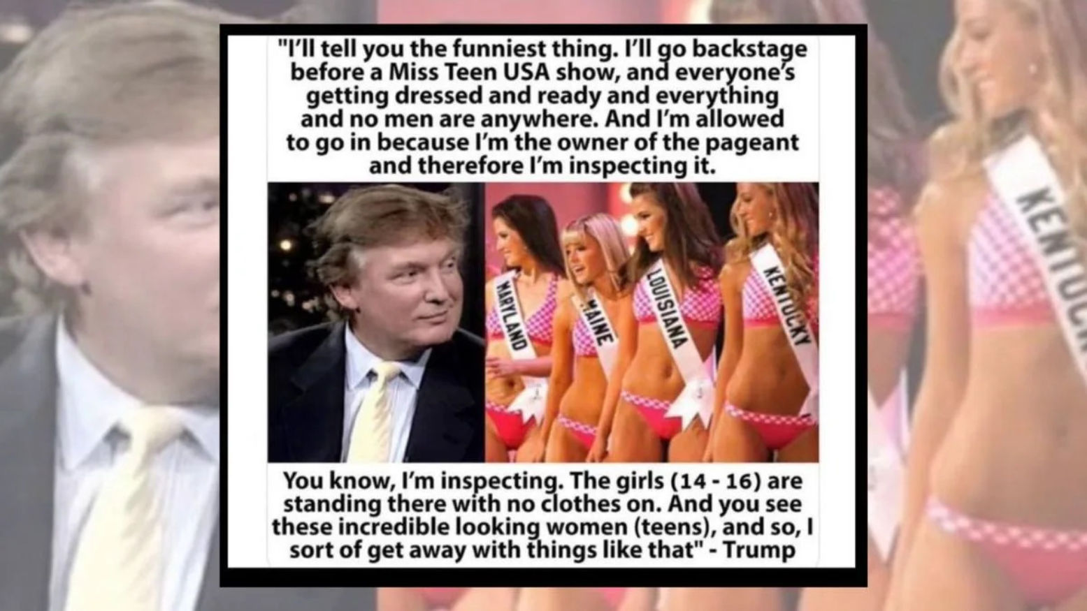 Donald Trump smiling at Miss Teen USA contestants in pageant sashes