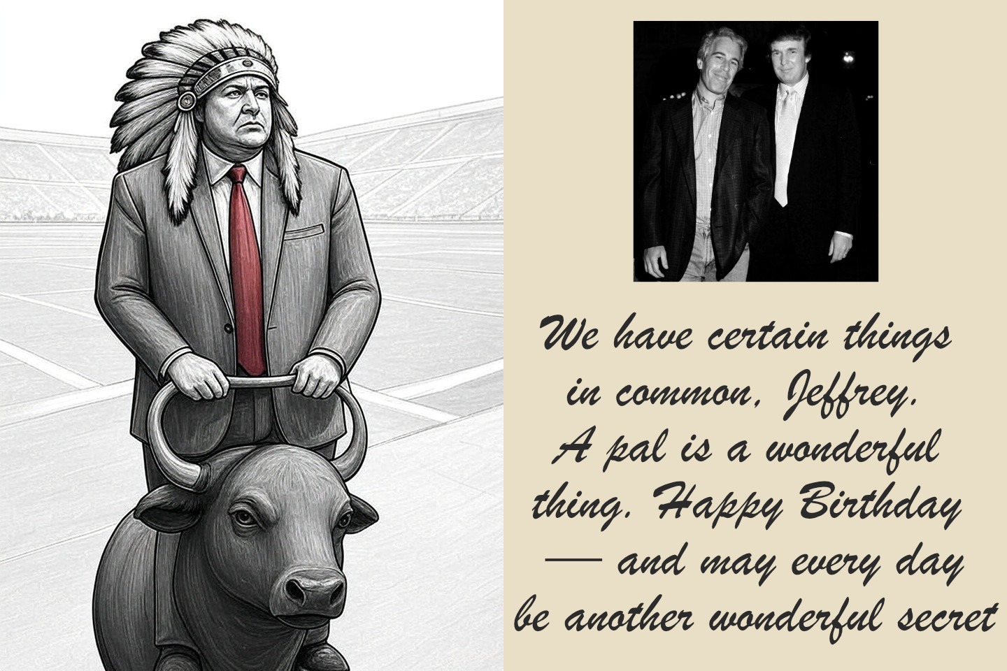 Trump sketch wearing Native headdress riding buffalo next to Epstein birthday card