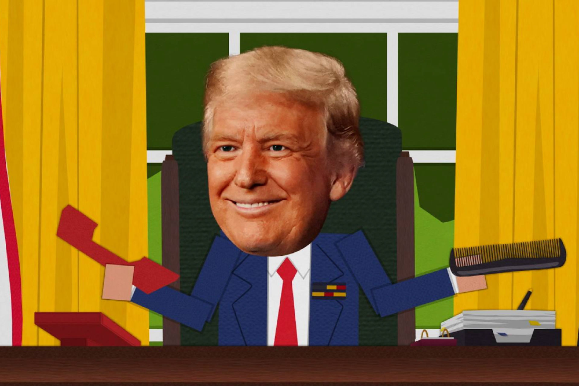 Donald Trump cartoon-style in Oval Office holding phone and comb