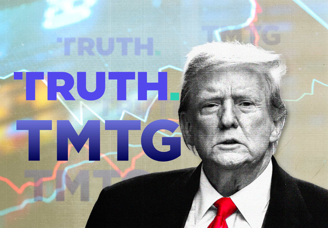 Donald Trump in front of TMTG logo and charts