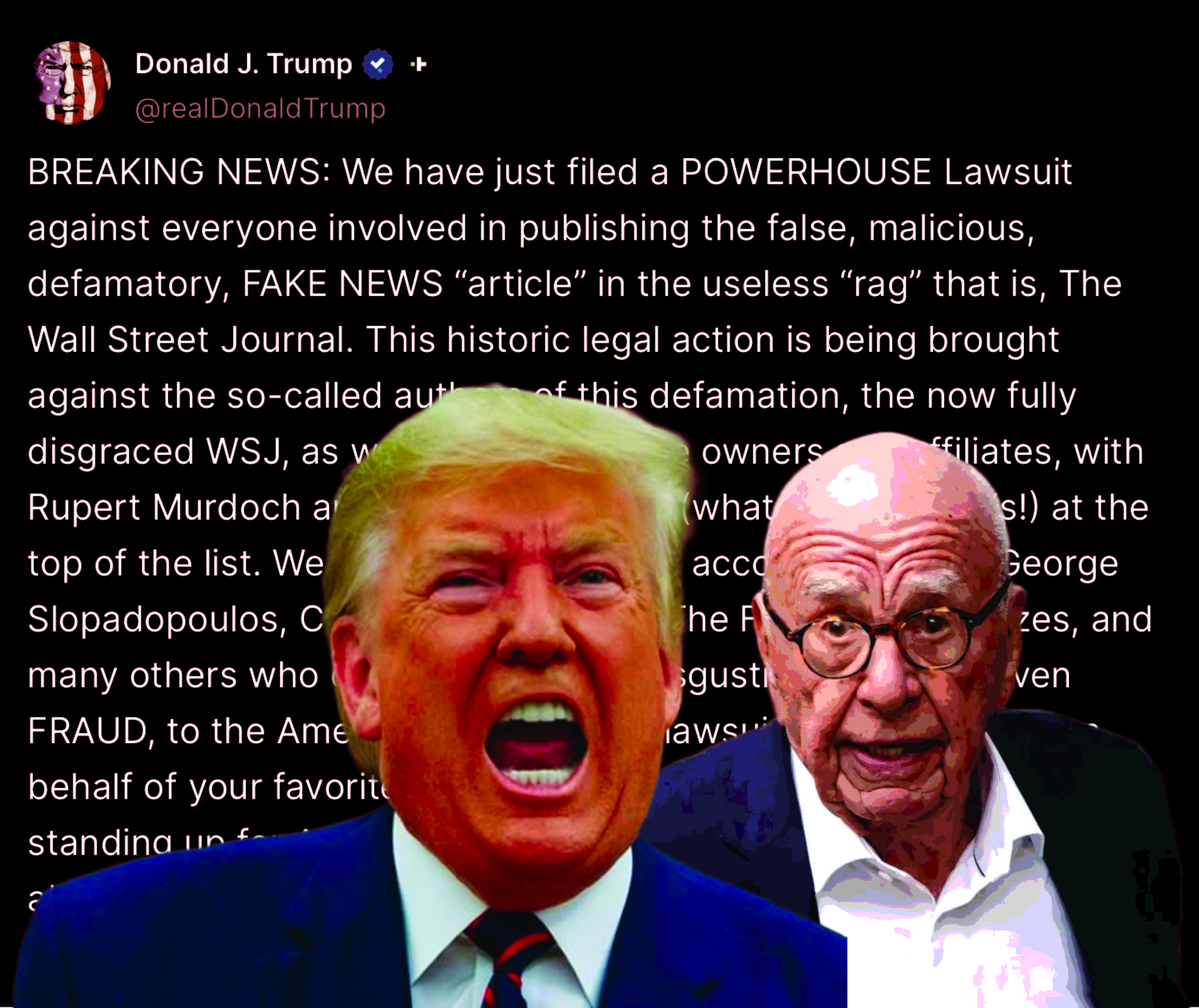 Donald Trump angrily shouting next to Rupert Murdoch with Trump’s Truth Social post in background