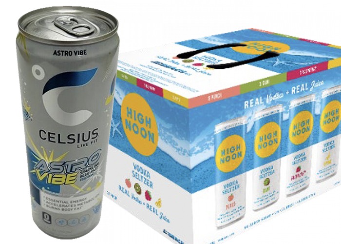 Celsius energy drink can next to a High Noon vodka seltzer variety pack