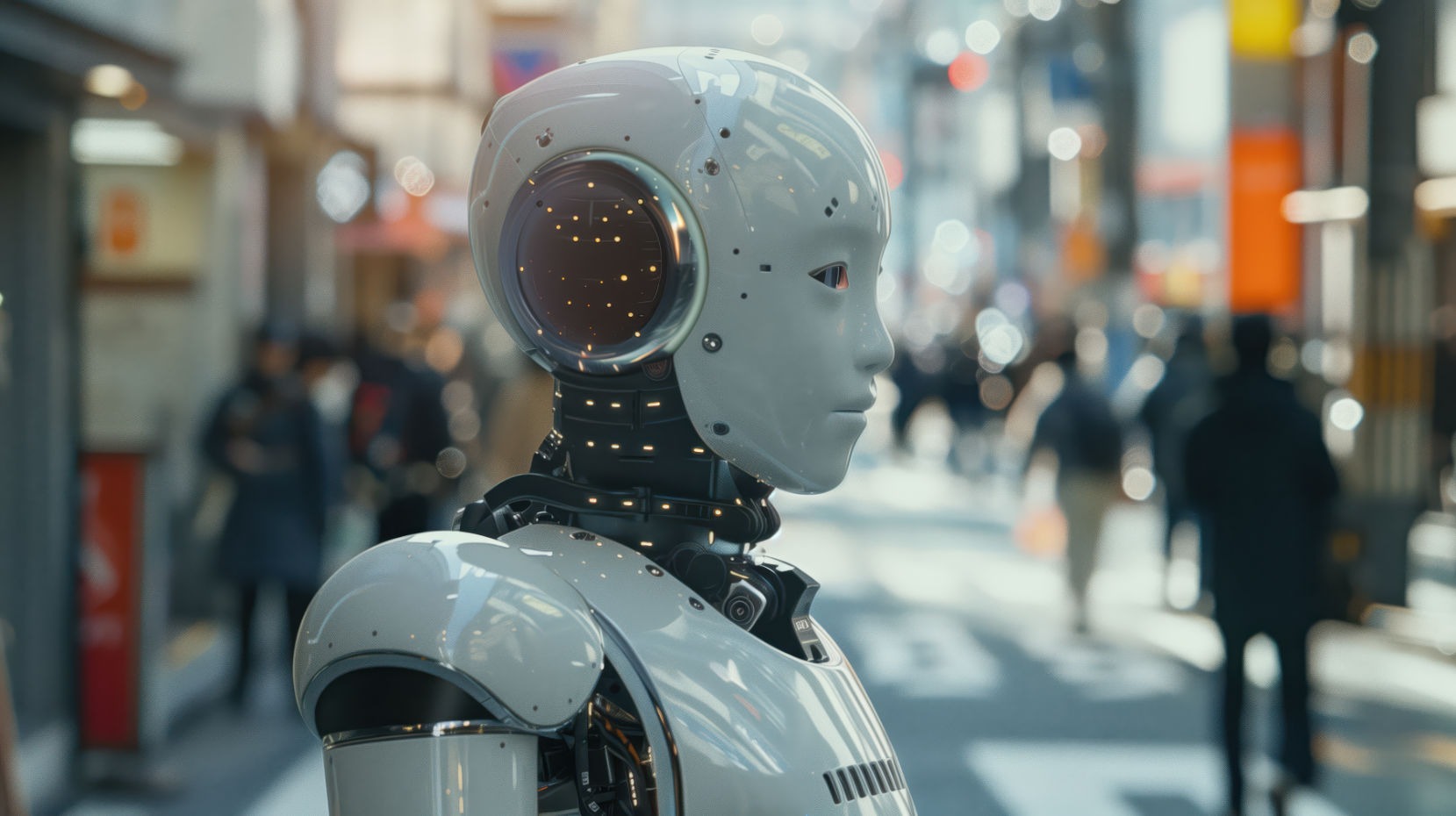 Humanoid AI robot standing on a crowded city street