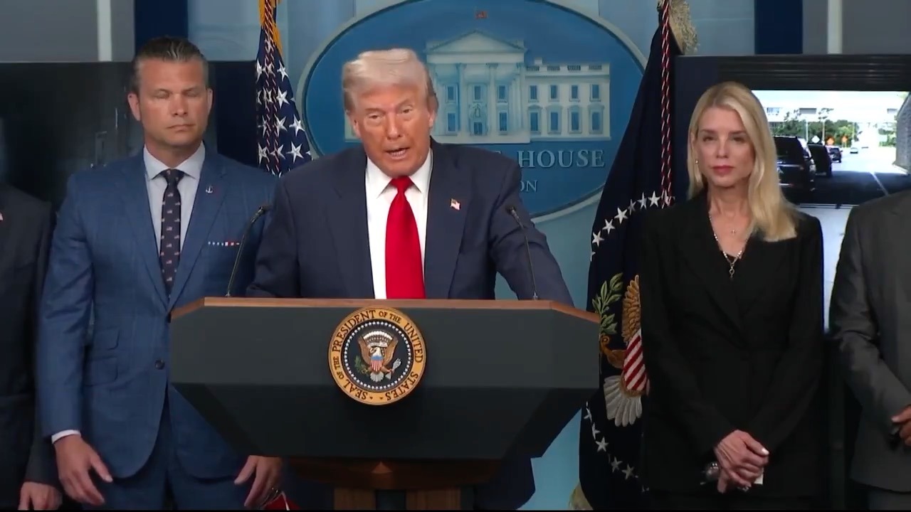 President Donald Trump at White House podium announcing DC police takeover.