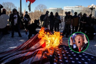 Protesters burn an American flag during a demonstration as Donald Trump reacts in inset photo