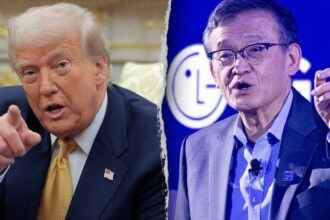 Donald Trump points during meeting, Intel CEO Lip-Bu Tan gestures while speaking at event