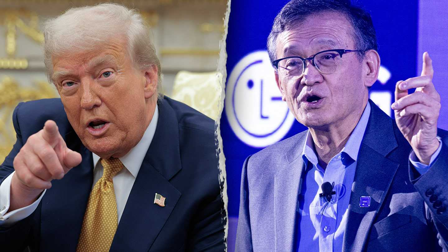Donald Trump points during meeting, Intel CEO Lip-Bu Tan gestures while speaking at event