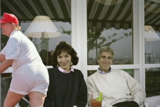 Ghislaine Maxwell and Jeffrey Epstein sitting together outdoors.