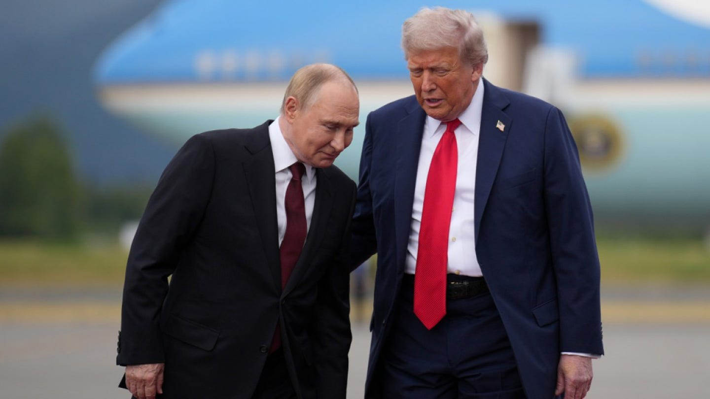 Donald Trump and Vladimir Putin walking together near Air Force One