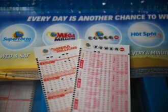 Powerball and Mega Millions lottery tickets on display