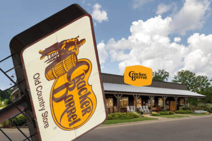 Side-by-side comparison of old Cracker Barrel logo with man and barrel vs. new text-only logo.