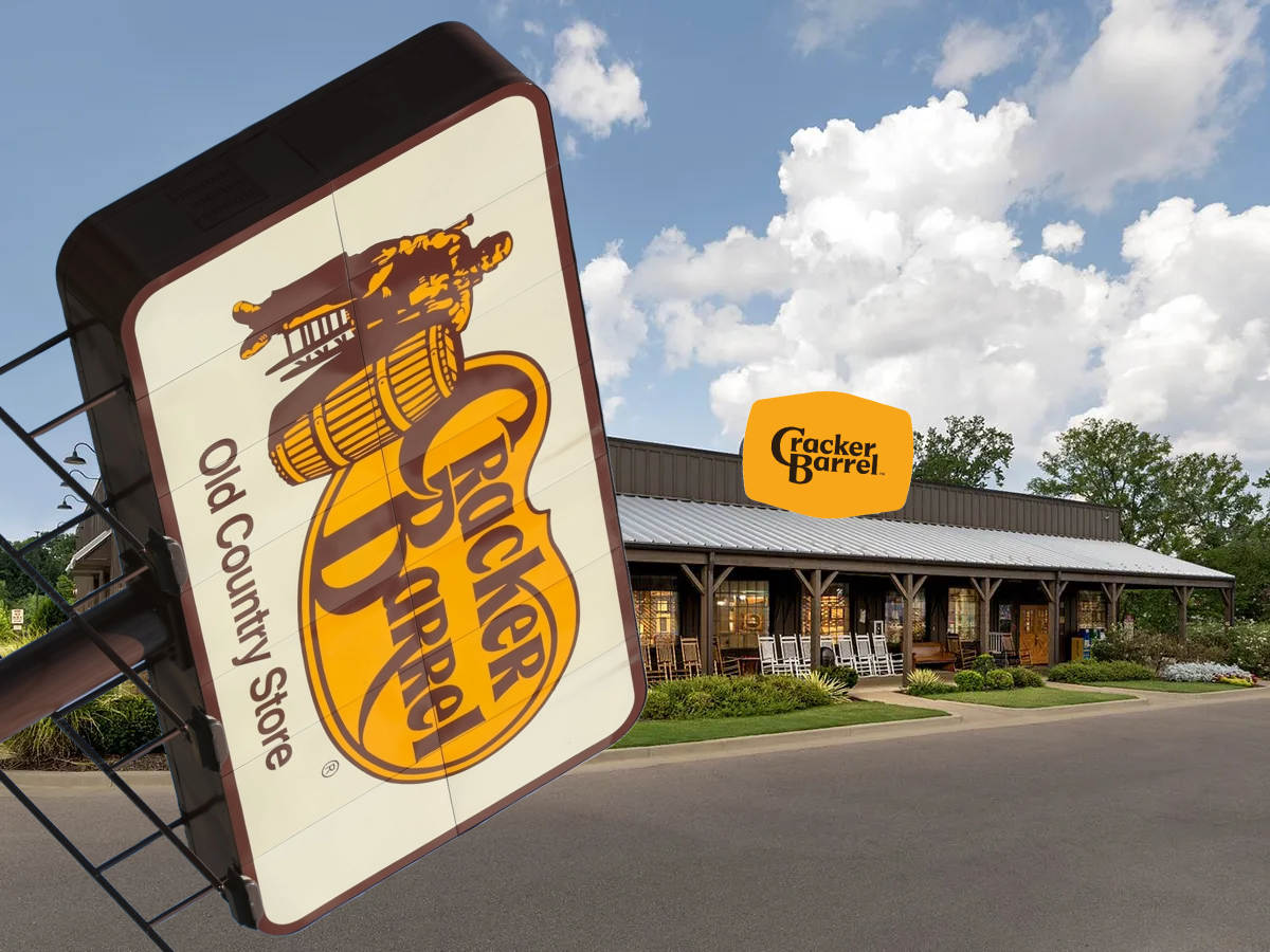 Side-by-side comparison of old Cracker Barrel logo with man and barrel vs. new text-only logo.