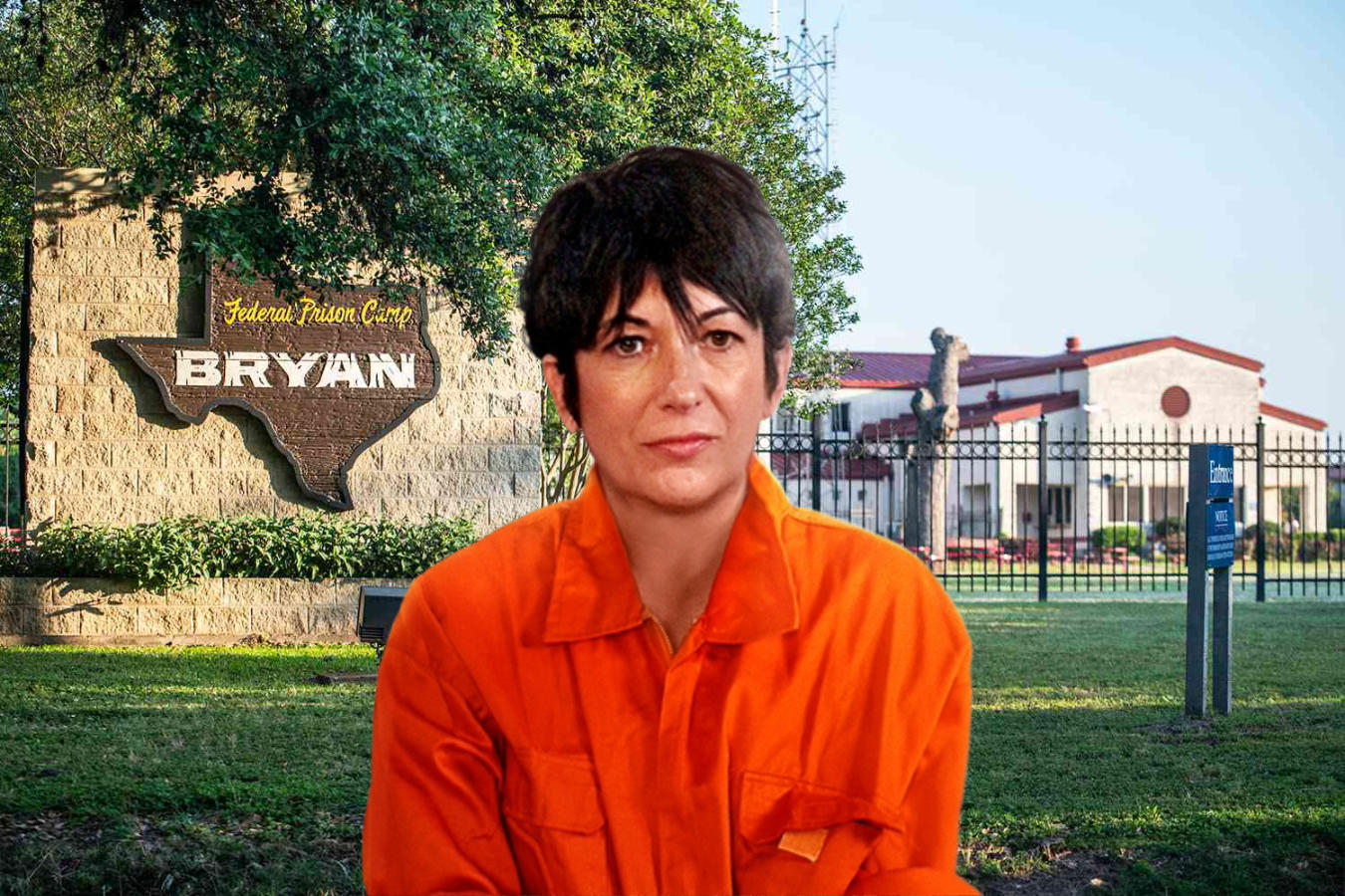 Ghislaine Maxwell in an orange jumpsuit outside Bryan, Texas federal prison